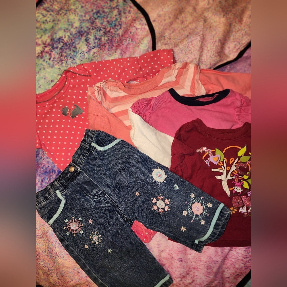 Four 4 Shirts & Cute Embroidered Jeans 3m-9m